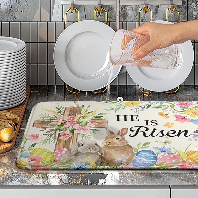 Easter He Is Risen Bunny Dish Drying Mat for Kitchen Counter Spring Easter Cross Floral Eggs Drying Pad 18x24 In Microfiber Absorbent Holiday Dishes Drainer for Kitchen Counter Tableware