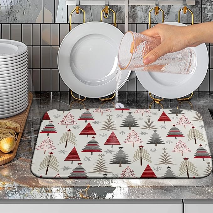 Christmas Dish Drying Mats for Kitchen Counter Xmas Tree Drying Mat Winter Holiday Dishes Drying Pad Microfiber Absorbent Dish Draining Mat Washable Dish Drainer Rack Mat 16x18 Inch