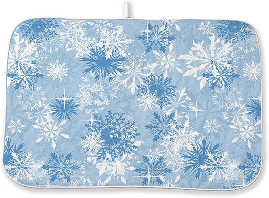 Christmas Dish Drying Mat 18x24 Inch Blue White Snowflake Winter Drying Mat Winter Xmas Holiday Absorbent Dish Drying Pad Dish Rack Drainer Mats for Kitchen Dining Counter