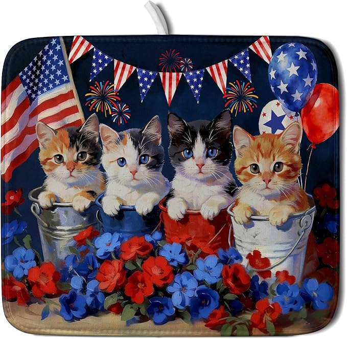 4th of July Dish Drying Mat Patriotic Cats Dish Drying Rack Mat for Kitchen Counter Small
