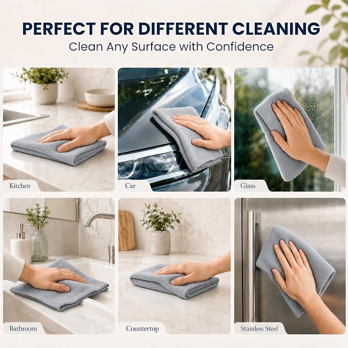 Veco Microfiber Cleaning Cloth Roll 80 PCS Gray, 12" x 12" | Lint-Free, Streak-Free, Tear Away Reusable Microfiber Towels, Cleaning Rags for Kitchen, Car & Home