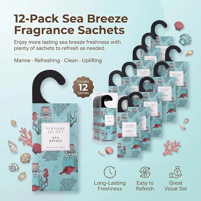 Large 12 Packs Sea Breeze Hanging Scented Sachets Long-Lasting Closet Deodorizer Air Freshener Fabric Refresher Odor Eliminator for Drawer Home Fragrance Gift Set