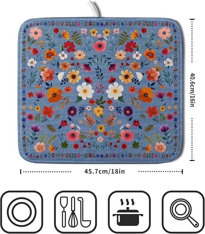 Lovely Flowers Dish Drying Mat - Blue Floral Kitchen Counter Microfiber Drying Pad 16 X 18 for Home Decor