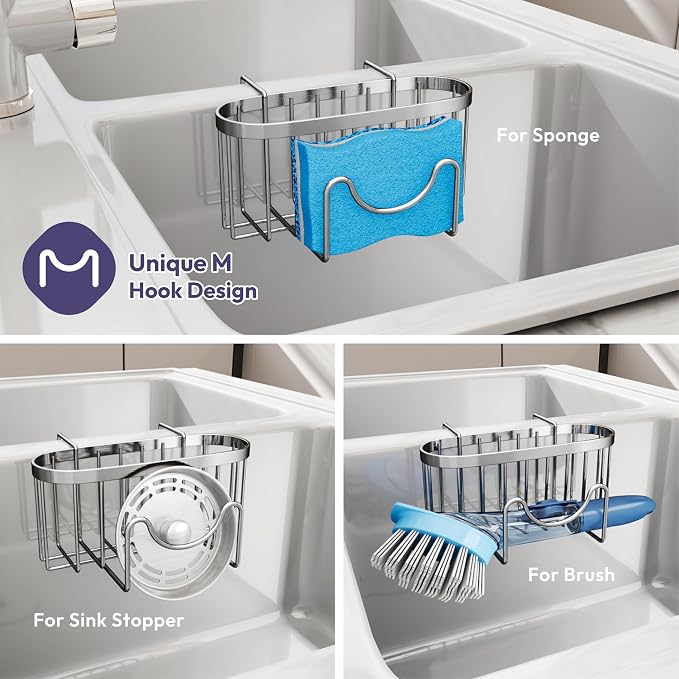 SWTYMIKI Sponge Holder for Kitchen Sink - Movable Kitchen Caddy with M Shape Hook, Stainless Steel Hanging Sponge Caddy for Sponges, Brush, Stopper Organizer in Double Bowl Sink, Silver