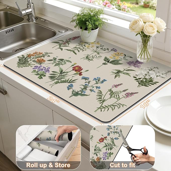 LOKHOM Dish Drying Mat for Kitchen Counter, 18"x24" Absorbent Coffee Bar Mat with Vintage Sage Flower Herbs, Dish Drainer Rack Mats for Kitchen Counter and Dining Room Decoration
