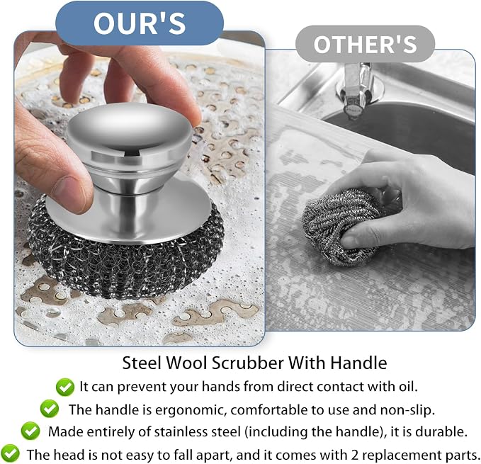 4Pcs Steel Wool Scrubber Set, Stainless Steel Scrubber with Stainless Steel Handle, for Cleaning Dishes, Cast Iron, Stock Pots, Pans, Griddles, Grills