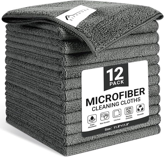 SIFANGKE Microfiber Cleaning Cloth, 12 Pack Grey Cleaning Rags for Housekeeping, Reusable Microfiber Towels for Car, Kitchen, Bathroom and Household Cleaning Supplies, 11.8"X11.8"