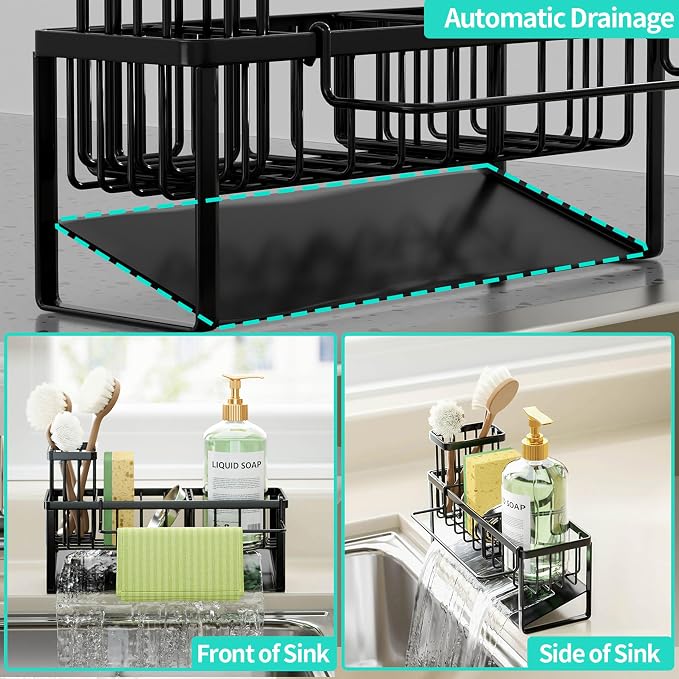 HapiRm Sponge Holder for Kitchen Sink - Self-draining Sink Caddy with Brush and Dishcloth Holders with Sloping Drainage - Black