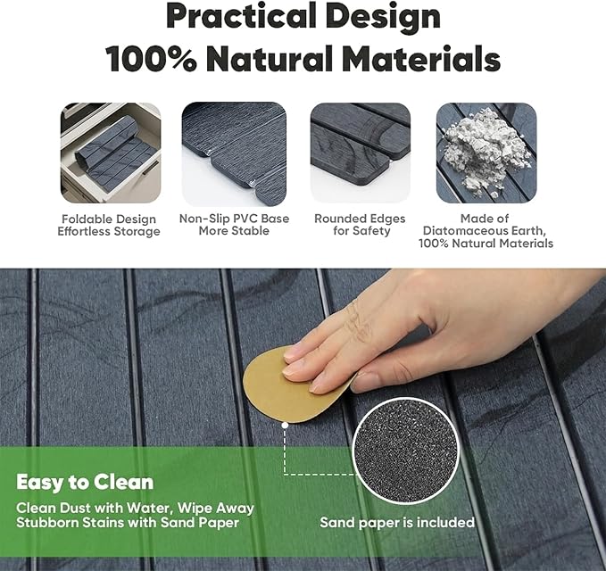 Stone Drying Mat for Kitchen Counter, Quick Diatomaceous Earth Mats for Dishes, 24"L x 16" W Super Absorbent Fast-Drying Collapsible Countertop Stone Mat (Marble Grey-04, 24" x 16")