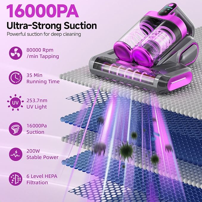 Mattress Vacuum Cleaner - 16Kpa Bed Vacuum with 253.7nm UV-C Light, 140°F Heat, Ultrasonic Tech & Hepa Filter, Portable Handheld Couch Cleaners for Pet Carpet Sofa Hair Home, Purple-Cordless