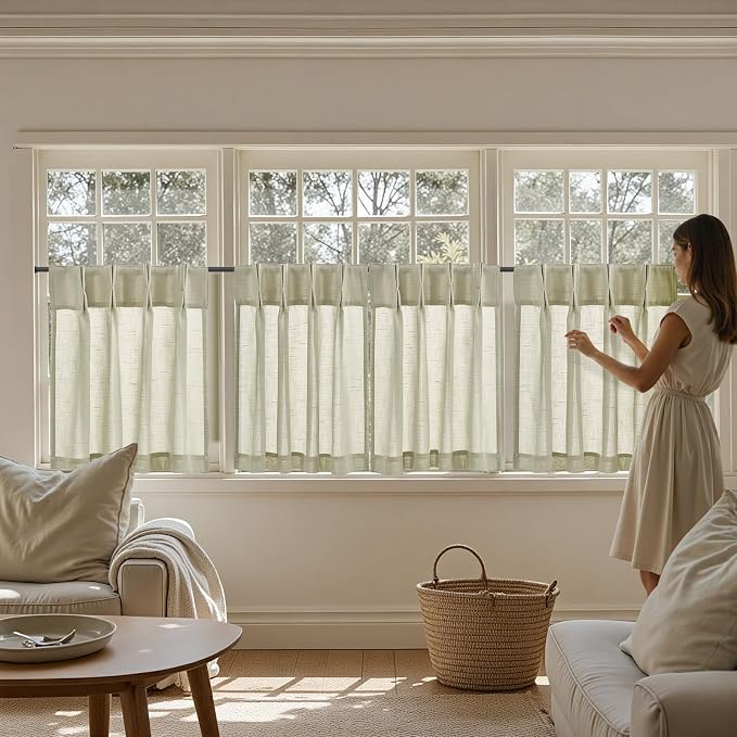 jinchan Linen Pinch Pleated Back Tab Tier Curtains, 26x30, 2 Panels, Beige | Light filtering,small window treatment,cafe curtains,machine washable,farmhouse,kitchen,bathrooms,laundry