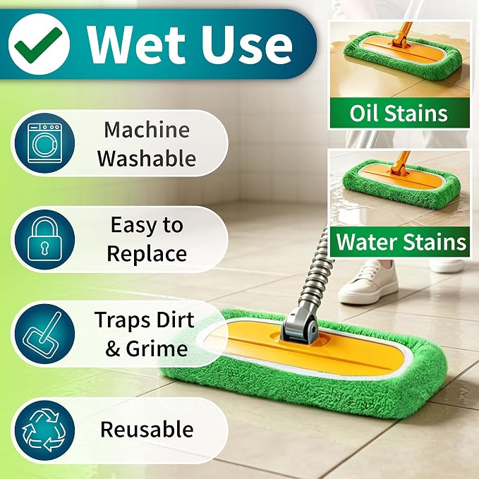 12 Pack Reusable Microfiber Mop Pads Compatible with Swiffer Sweeper | Washable Wet Dry Mop Refills, Machine Washable Sweeping Cloths for Sealed Hardwood, Laminate, Tile and Stone Floors, Green