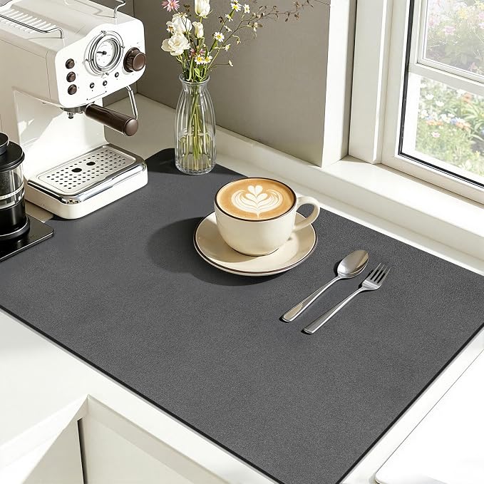 Findosom Dish Drying Mat, 12"x 20" Super Absorbent & Hide Stain Coffee Mat, Cuttable Drying Mat for Kitchen Counter, Coffee Bar Accessories, Under Dish Rack, Coffee Maker, Espresso Machine, DarkGrey-2