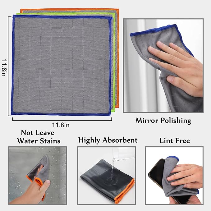 XANGNIER Microfiber Glass Cleaning Cloths,3 Pack Streak Free Miracle Cleaning Cloth,Reusable Lint Free Cleaner Towels for Kitchen,Windows,Mirror,Glasses,Car Windshields,Stainless Steel,11.8"×11.8"