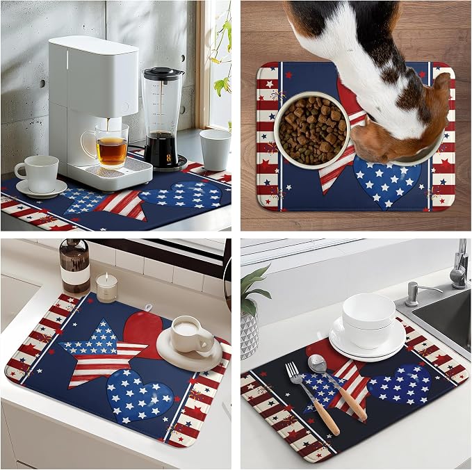 4th of July Star Dish Drying Mats Patriotic Hearts Dish Mat Blue Red Firework Drying Matt Dishes Dryer Pad for Kitchen Counter Absorbent Microfiber Washable Foldable Reusable 18x24 in