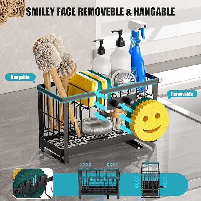 Sponge Holder for Kitchen Sink with Flexible Smiley Face, 2 Tier Kitchen Sink Organizer, Countertop and Storage Essentials, Soap Dispenser Organizer, Home Decor Accessories - Black