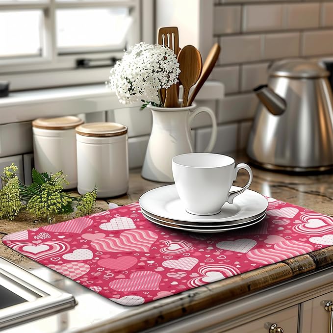 Red Heart Valentine Dish Dry Mat - 18x24 Inch Absorbent Reversible Dish Pad for Kitchen Counter