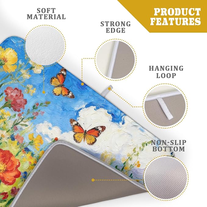 Cute Floral Dish Drying Mat for Kitchen Counter 18x24, Spring Summer Decorative Absorbent Reversible Microfiber Kitchen Countertop Protector Dishes Drainer Pad, Watercolor Flower Butterfly