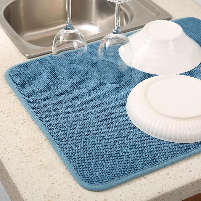 2 Pack Microfiber Dish Drying Mat for Kitchen Counter,Ultra Absorbent Dish Drainer Mat ,Dish Drying Pad ,Dish Rack Mat 20×15 Inch (Blue)