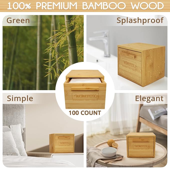 WOWOTEX Luxe Bamboo Towel Container (Bamboo Box Towel Holder) with Disposable Face Towels Biodegradable Large Dry Wipes 100 Count Extra Thick Soft Clean Facial Towels for Facial Cleansing