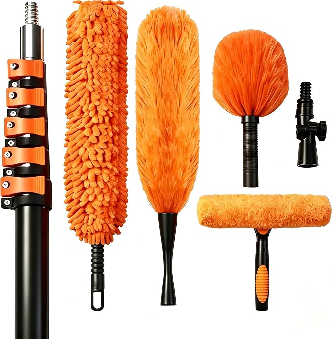 30FT High Reach Duster Kits with Dual Action Flip-Lock & Screw Fixing Design, 5-24FT Extension Pole, Cobweb Duster, Washable Ceiling Fan Cleaner & Window Squeegee for Glass & High Roof