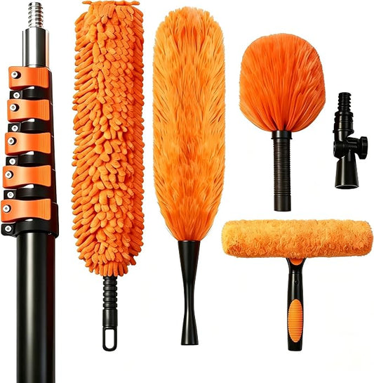 30FT High Reach Duster Kits with Dual Action Flip-Lock & Screw Fixing Design, 5-24FT Extension Pole, Cobweb Duster, Washable Ceiling Fan Cleaner & Window Squeegee for Glass & High Roof