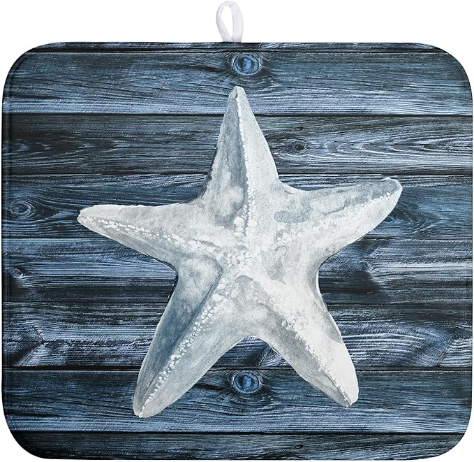 Coastal Starfish Dish Drying Mat Dark Blue Ocean Animal Print Drying Mats Microfiber Reversible Absorbent Dishes Pad Drainer Rack Mats for Kitchen Counter Sink 16x18 Inch