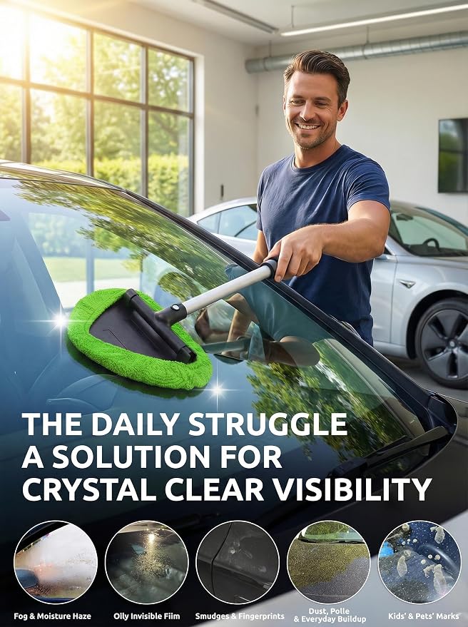 TAKAVU Window & Windshield Cleaner, Extendable, 3 Microfiber Pads (Green) | Pivoting Triangle Head Wiper Cleans Interior & Exterior Glass, 3 Washable Reusable Bonnets, Lint-Free