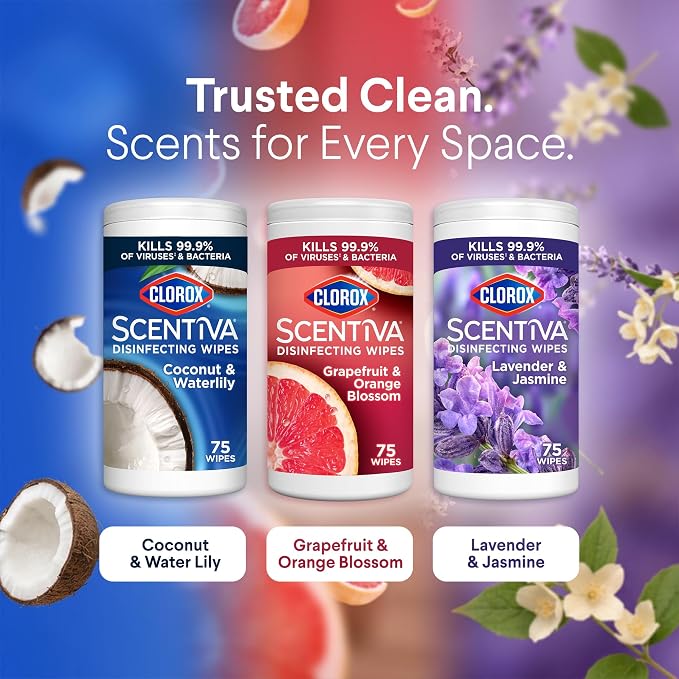 Clorox Scentiva Disinfecting Wipes, Lavender and Jasmine, Grapefruit and Orange Blossom, and Coconut and Waterlily, 75 Count Each, Pack of 3 (Package May Vary)