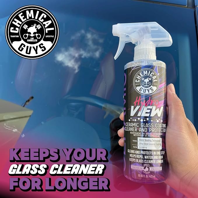 Chemical Guys, HydroView Ceramic Glass Cleaner & Coating for Windows, 16 oz | Cleans glass while adding a hydrophobic layer that beads water and cuts spots for clearer views in rain or fog