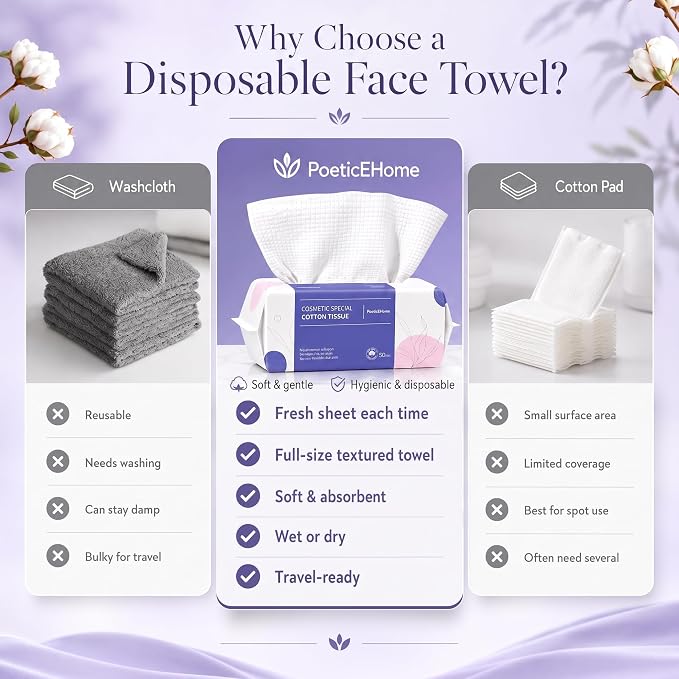 PoeticEHome Extra Thick Face Towels Disposable | Cotton Soft Dry Wipes Biodegradable for Facial Cleansing & Makeup Remover (4 Pack)