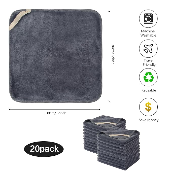 SINLAND Microfiber Facial Cloths Fast Drying Washcloth 12inch x 12inch Absorbent Face Wash Cloth Soft Makeup Remover Cloths