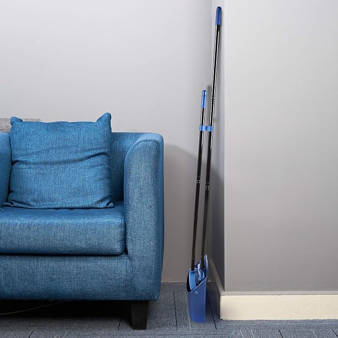 Long Handled Dustpan and Brush, Broom and Dustpan Set, Household Dust pan Combo with 54 Inch Handle for Indoor Outdoor Household Cleaning and Sweeping (Blue)