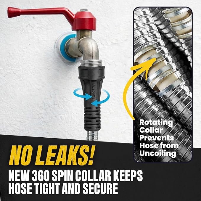 BIONIC STEEL 150 Ft Metal Garden Hose with Sprayer Nozzle | Non Kinking Design, Stainless Steel Heavy Duty Water Hose 150Ft x 5/8 in. Flexible & NON Expandable for Water Flow, 500 PSI