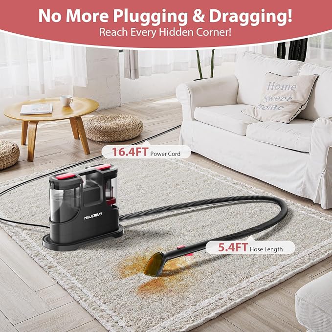 Upholstery Carpet Cleaner, MUJERBAY 15Kpa Portable Spot and Stain Cleaner Shampooer, Easy Move with Handle, 1.5-inch Deep Cleaning Machine for Couch, Stairs, Car and Pet Messes. (Black)