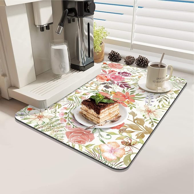 LOKHOM Dish Drying Mat for Kitchen Counter, 12"x20" Absorbent Coffee Bar Mat with Pink Roses Petals , Dish Drainer Rack Mats for Kitchen Counter Coffee Maker Coffee Pot Dining Room Decoration
