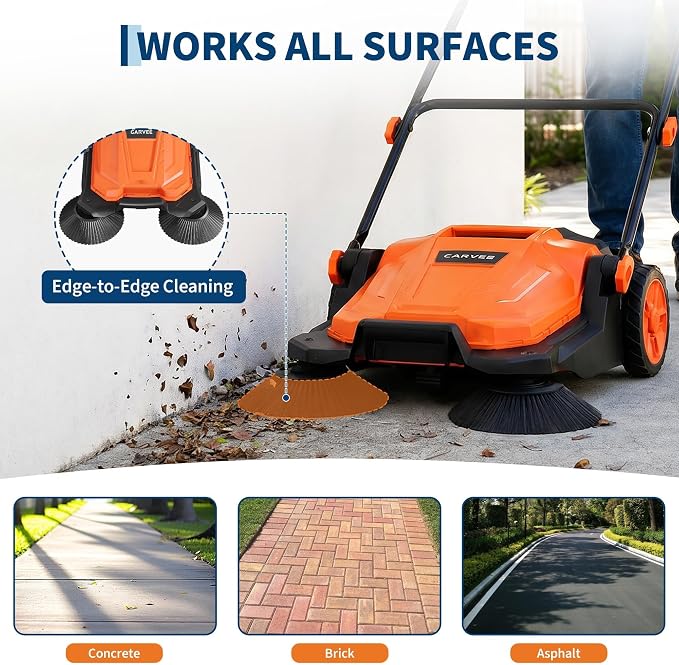 Professional Walk-Behind Push Floor Sweeper, 25.6" Manual Non-Electric Sweeper with Large Capacity Dustbin,Adjustable & Foldable Handle