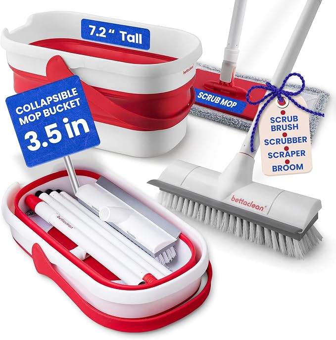 Outdoor Mop and Bucket Set with Scrub Brush for Concrete, Patio, Deck | Collapsible bucket saves space. Heavy duty scrub mop. Adjustable handle. Indoor or outdoor. Hardwood, Tile, Garage, RV