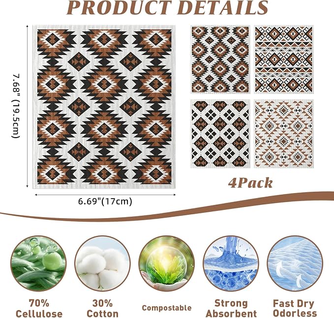 Swedish Dishcloths for Kitchen - 4 Pack Western Aztec Vintage Themed Reusable Paper Towels, Non-Scratch Cellulose Cloths, No Odor, Biodegradable Cleaning Cloths