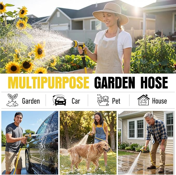 Garden Hose 50 ft x 5/8" with Nozzle, Water Hose Heavy Duty Flexible, Lightweight Kink-less Hybrid Hose with Swivel Handle, Male to Female Fittings