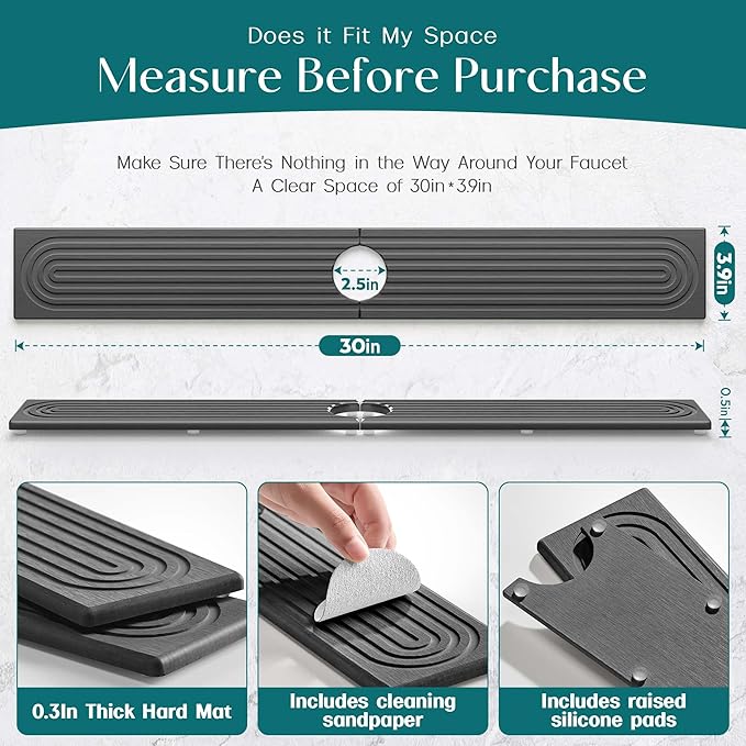 eormoe 30 inch Kitchen Faucet Absorbent Mat - Diatomaceous Earth Splash Guard for Sink Faucet, Aesthetic Water Absorbing Stone Tray in The Modern Home (30" x 3.9", Dark grey)
