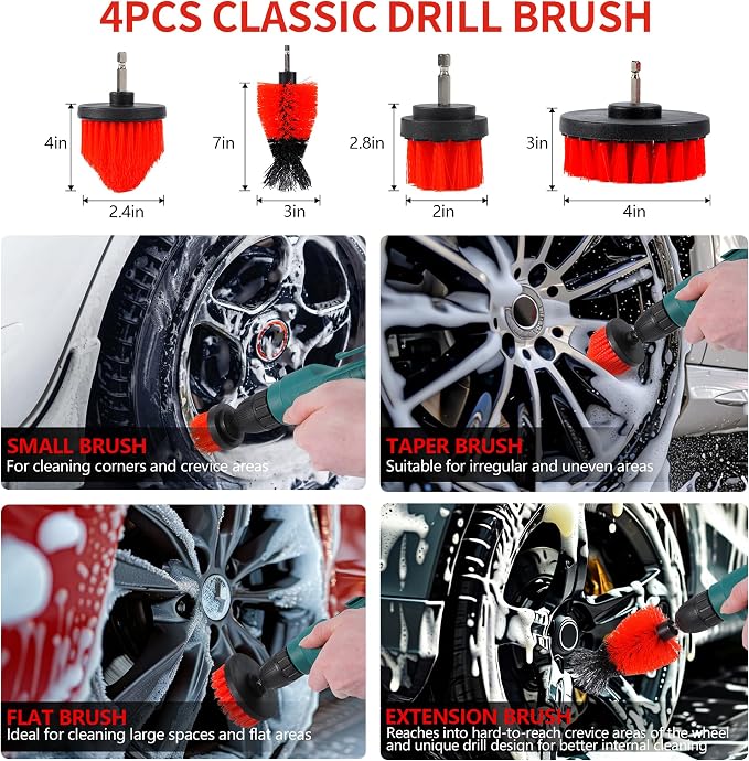 35Pcs Car Detailing Kit & Car Cleaning Kit, B：35PCS-R | Windshield Tool, Long Wheel Brush & 2 Angled Brushes, 4 Polishing Pads & 4 Wax Pads, Red Tool Box, Gift for Men