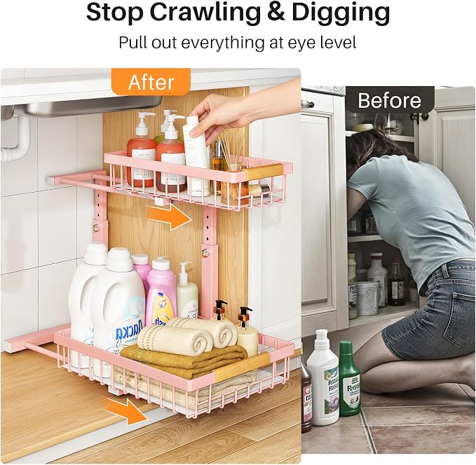 PXRACK Under Sink Organizer, Adjustable Height, 2 Tier Pull Out Under Cabinet Organizer, Slide Out Thickened Metal Under Sink Storage for Kitchen Bathroom Laundry Pantry Cabinet, Pink, Large-2-Pack