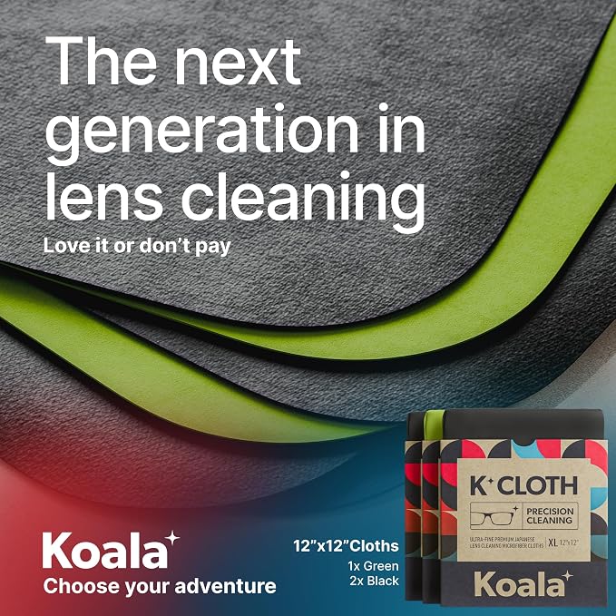 Koala Lens Cleaning Cloth | Japanese Microfiber | Black & Green (Pack of 3) | Glasses Cleaning Cloths | Eyeglass Lens Cleaner | Eyeglasses, Camera, VR/AR Headset, and Screen Cleaner | Washable & Reusable