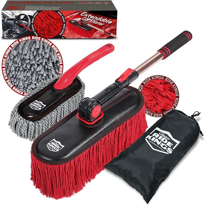 Exterior Car Duster & Brush Kit - Extendable，Wax Cotton | Telescoping auto mop traps pollen scratch-free. Combo with inside detailing tools & bag. Gift for SUV, truck, motorcycle.