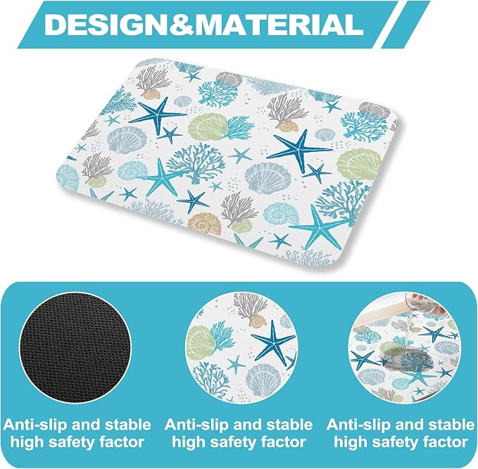 Summer Coastal Shell Dish Drying Mat for Kitchen Counter Sink, Blue Absorbent Microfiber Drying Pad, Reversible Beach Decor Countertop Mat