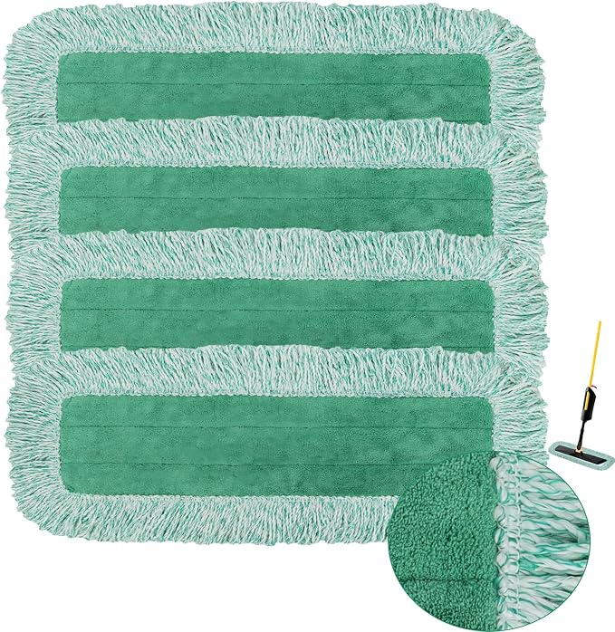 Dust Mop Pads for Rubbermaid Commercial Microfiber Dust Mops - 18 inch Mop Head Replacement with Fringe - Reusable Wet & Dry Cleaning Flat Mops System 18" 17" Refill for Multi-Surface Floor - 4 Pack