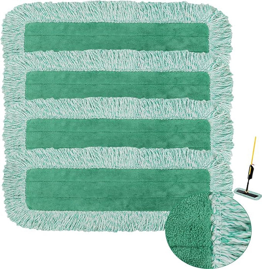 Dust Mop Pads for Rubbermaid Commercial Microfiber Dust Mops - 18 inch Mop Head Replacement with Fringe - Reusable Wet & Dry Cleaning Flat Mops System 18" 17" Refill for Multi-Surface Floor - 4 Pack