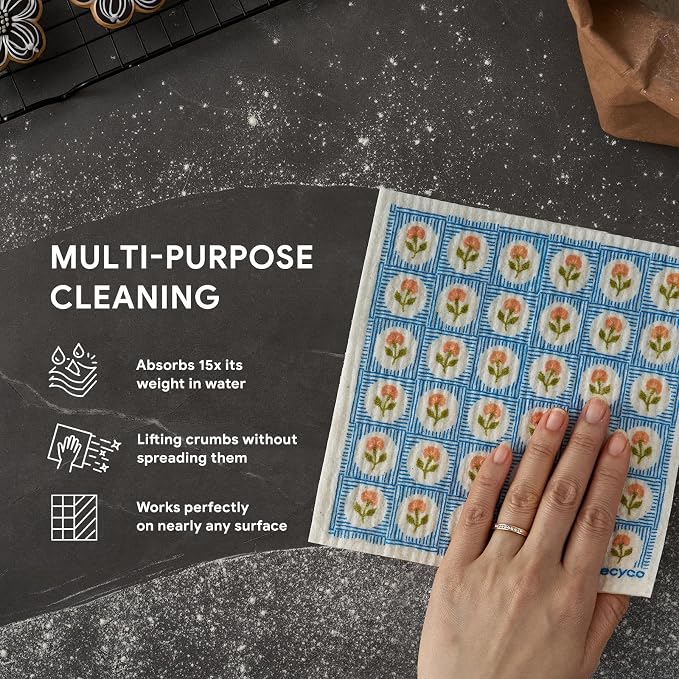 RECYCO Swedish Dishcloths for Kitchen | 6 Packs Bloom Tiles Washable Dish Rags | Cellulose Reusable Cleaning Paper Towels | Absorbent Counter Dish Cloth Sponge Kitchen Wipes, 8" L x 7" W