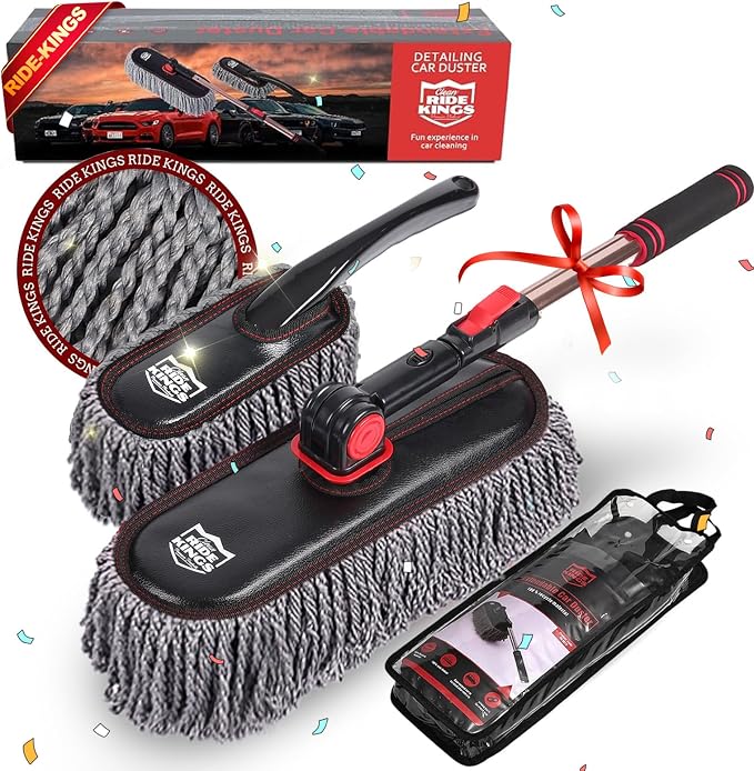 Exterior Car Duster & Brush Kit - Washable Microfiber | Extendable auto mop sweeps pollen scratch-free. Combo with inside detailing tools. Reusable for SUV, truck, RV & home use.